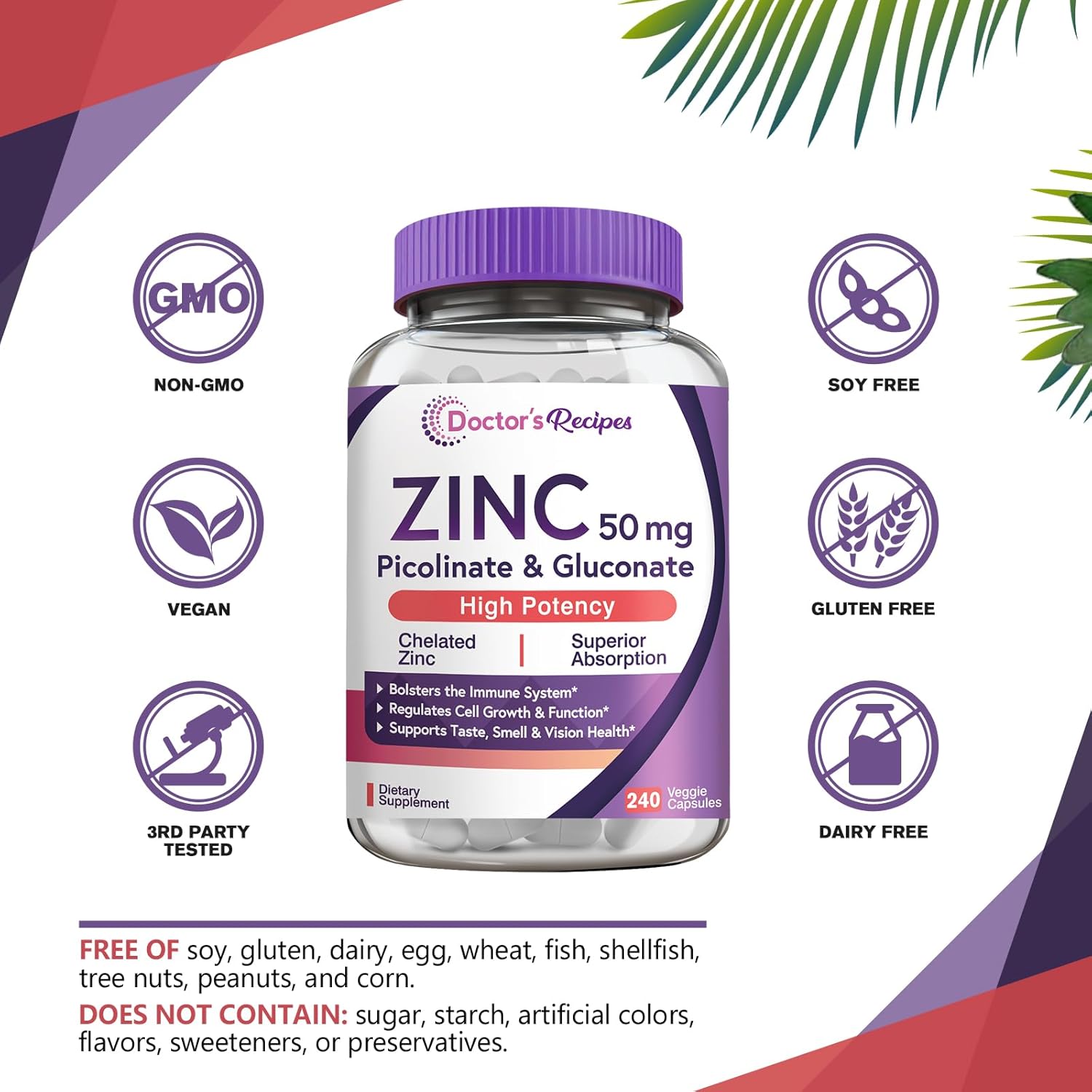 Zinc 50mg Capsules for Immune Defense, DNA & Protein Formation, Cell Growth - Non-GMO, 240 Veggie Capsules