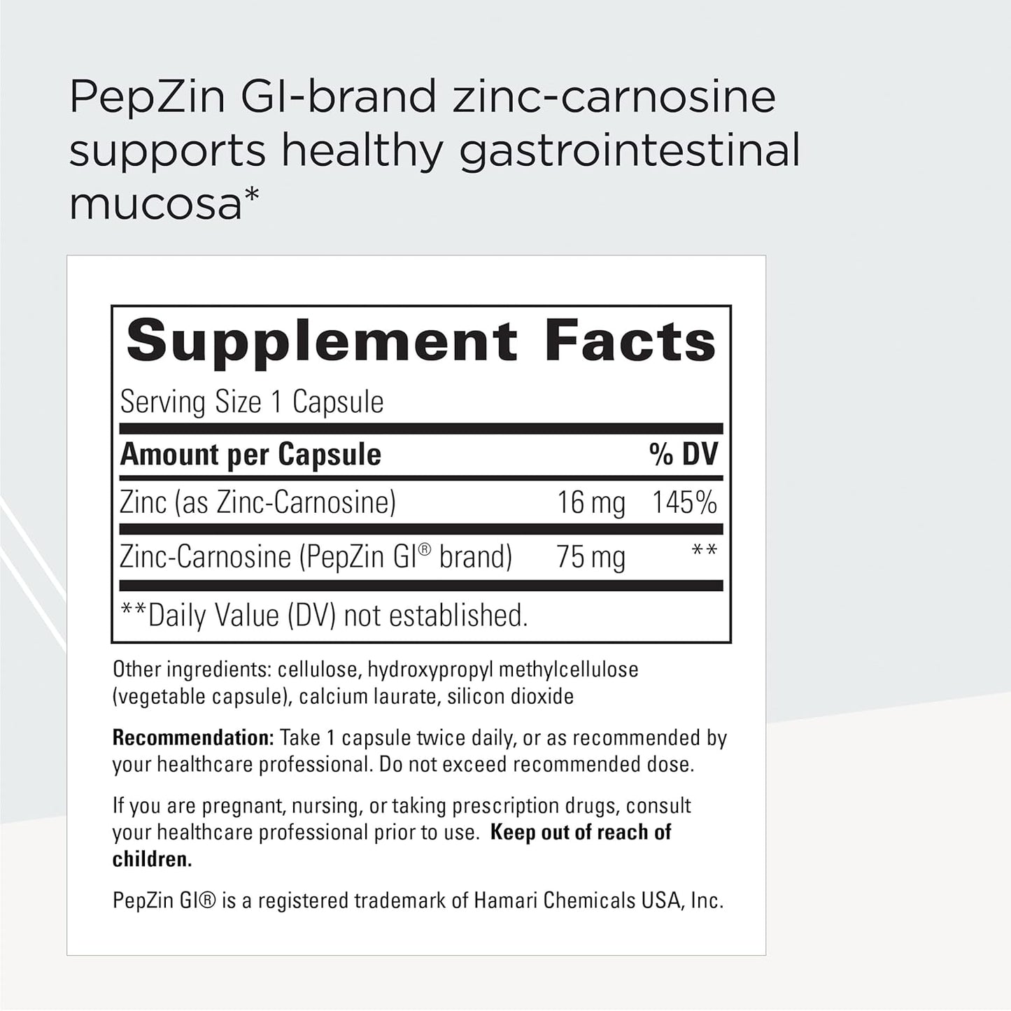 Zinc-Carnosine PepZin GI Supplement - GI Tract Support - Gluten Free Vegan Capsules - Integrative Therapeutics