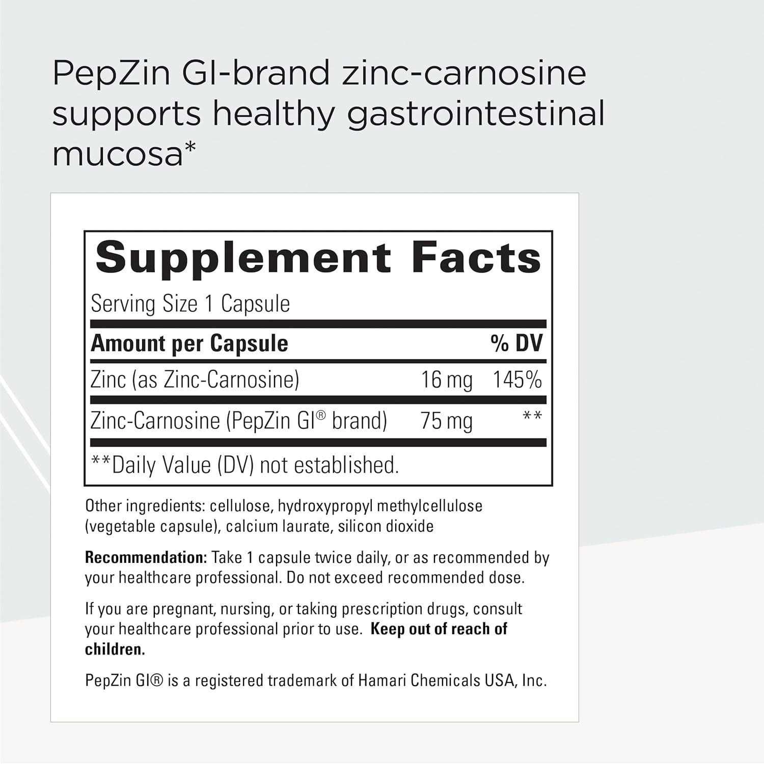 Zinc-Carnosine PepZin GI Supplement - GI Tract Support - Gluten Free Vegan Capsules - Integrative Therapeutics