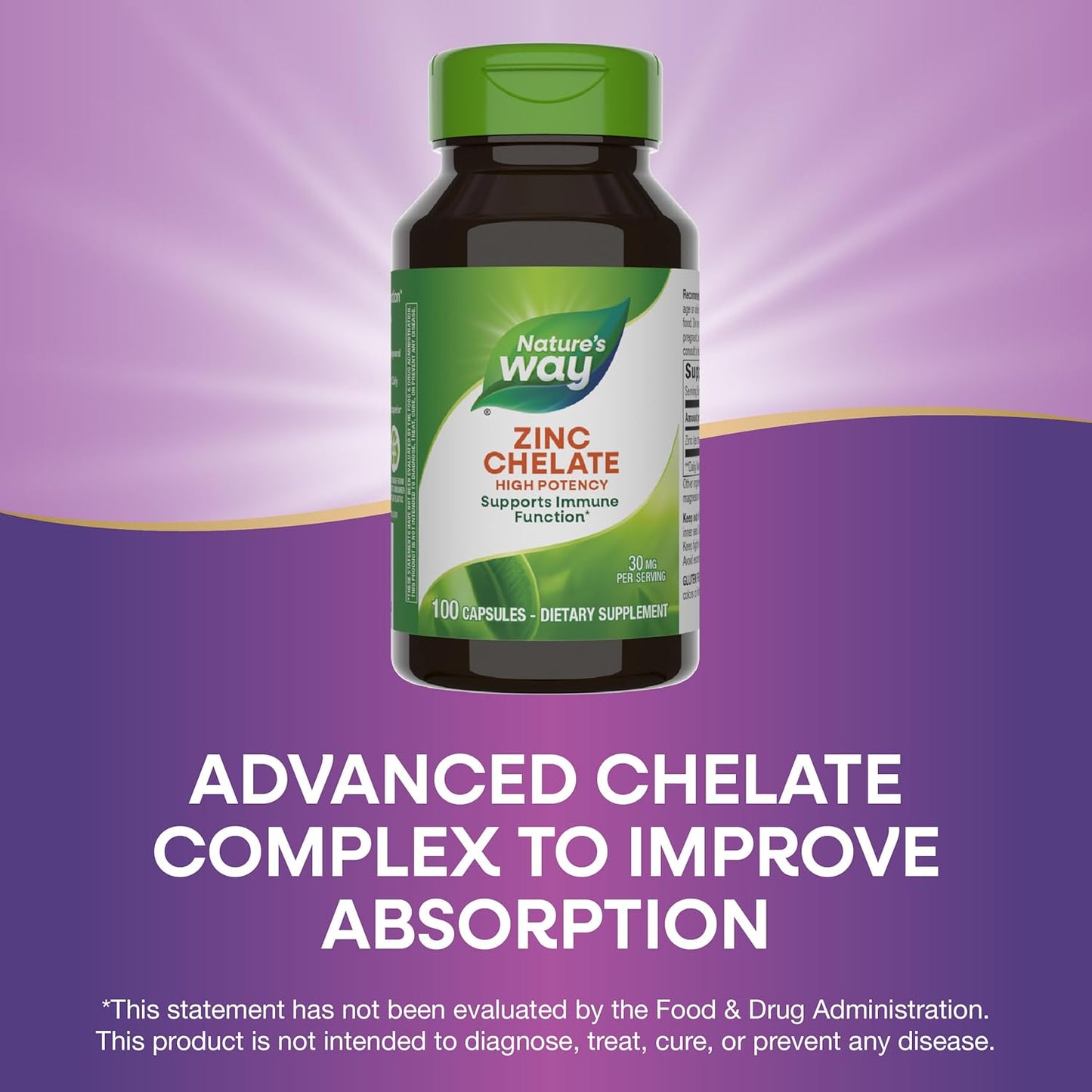Zinc Chelate by Nature's Way - 30mg Immune Support Capsules, 100 Count