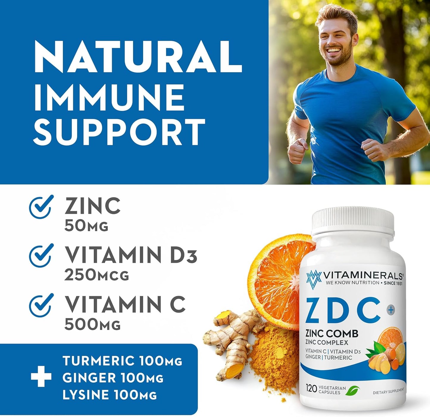 Zinc Complex 50mg with Vitamin D3 250mcg and Vitamin C 500mg Vegetarian Capsules - Immune Support Supplement with Ginger, Lysine, and Turmeric - 120 Servings