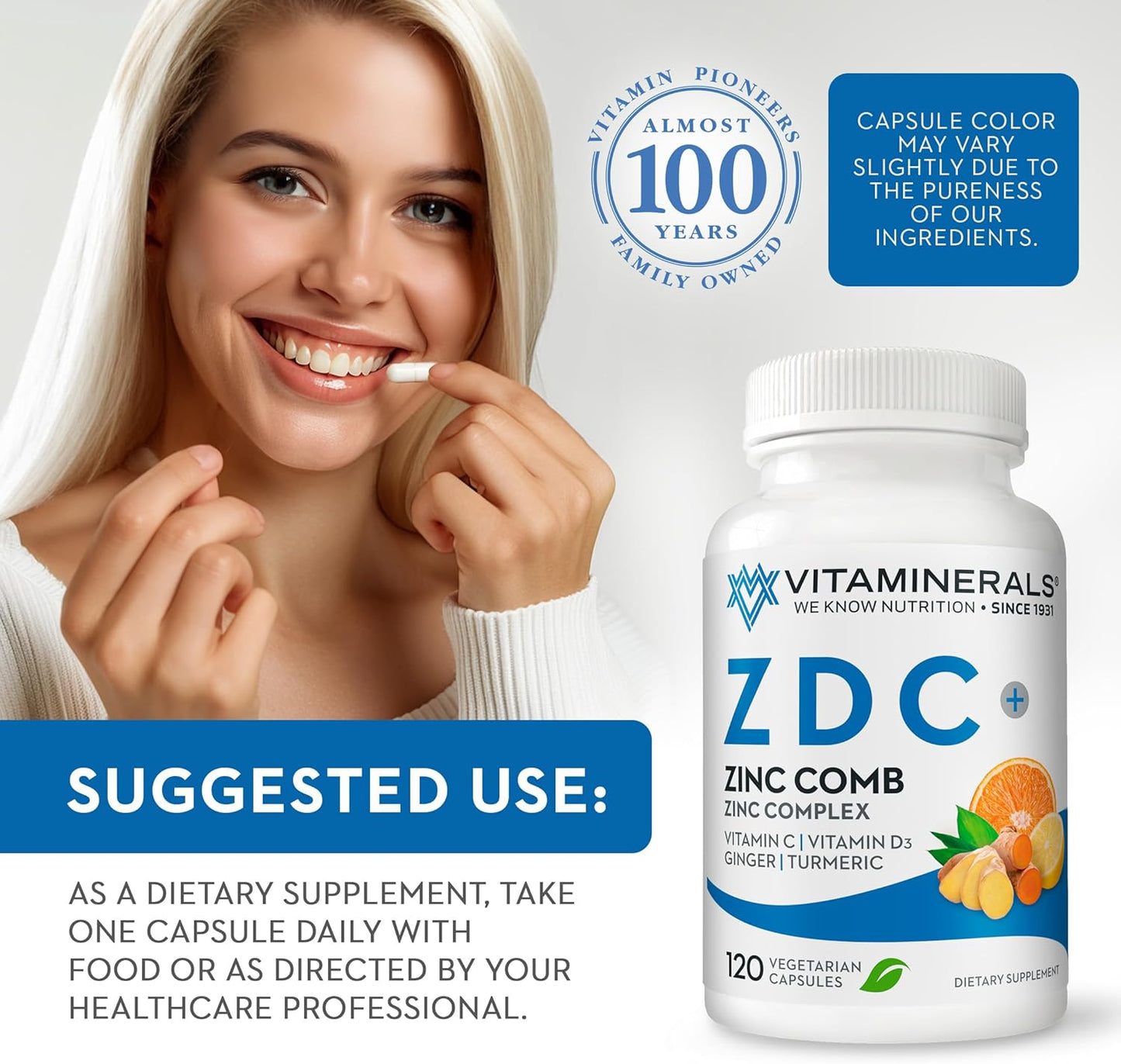 Zinc Complex 50mg with Vitamin D3 250mcg and Vitamin C 500mg Vegetarian Capsules - Immune Support Supplement with Ginger, Lysine, and Turmeric - 120 Servings
