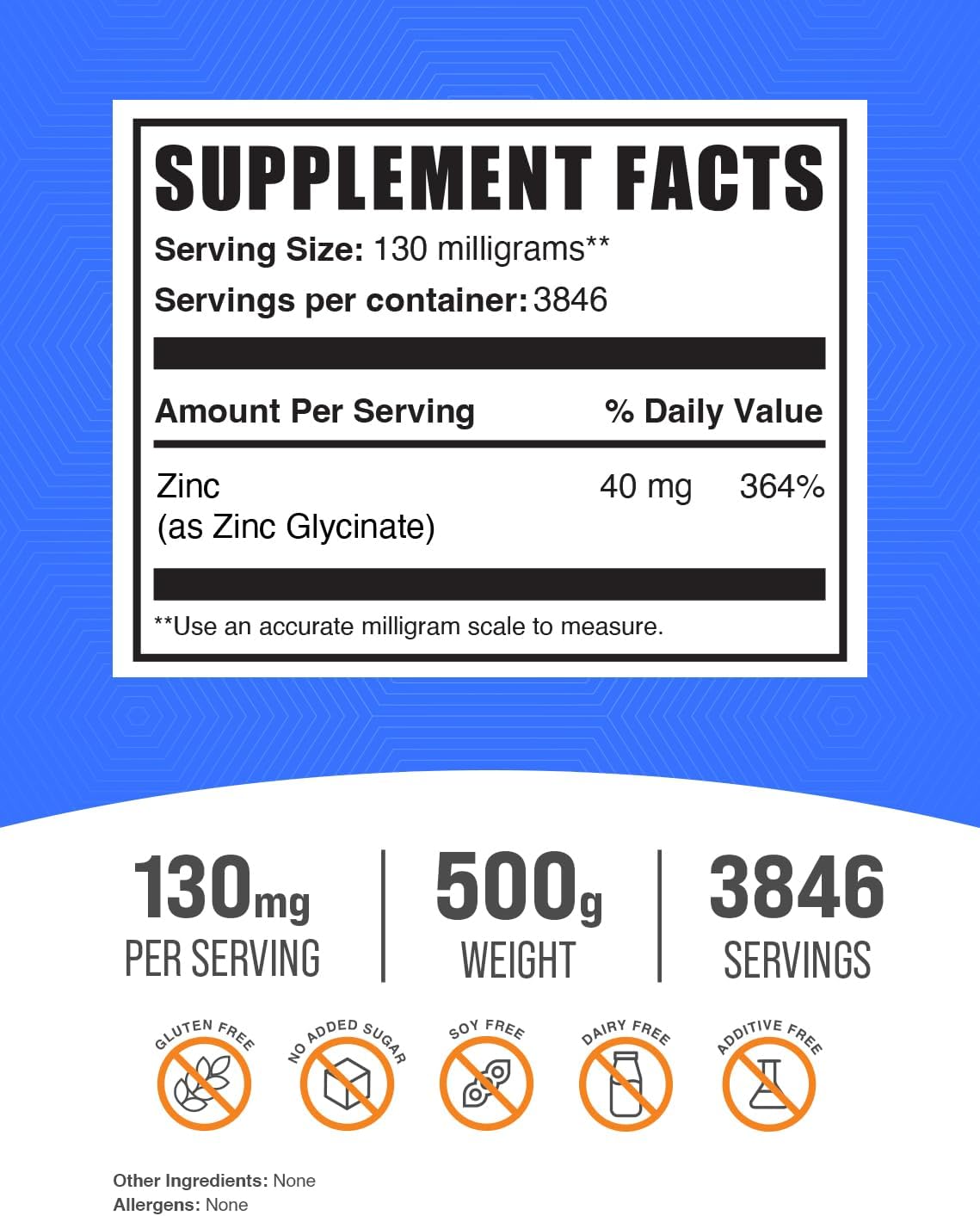 Zinc Glycinate Powder Supplement - 40mg Zinc per Serving, Immune Support, Gluten Free - 500g (1.1 lbs) Pack for Sale