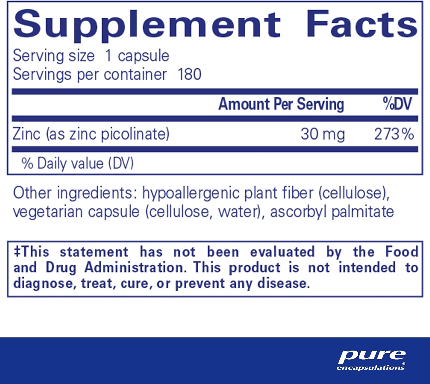 Zinc Picolinate 30 mg Capsules - Immune System Support, Growth, Development, and Wound Healing Supplement - 180 Count
