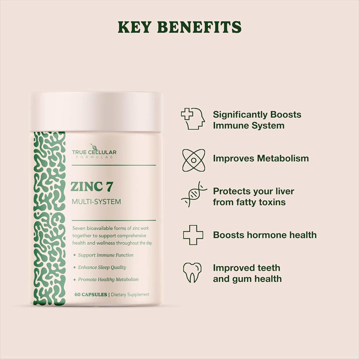 Zinc7 Advanced Daily Supplement for Immune System Boost, Sleep, Metabolism, Dental Health & Hormone Balance - 60 Capsules, 50mg Zinc