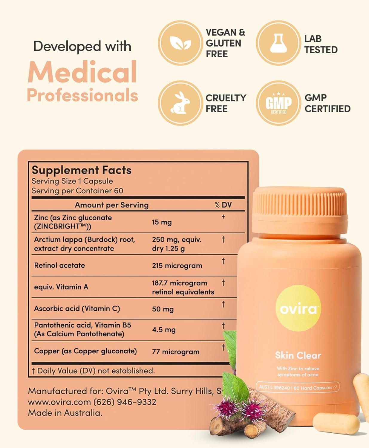 ZINCBRIGHT Skin Clear Capsules - Rosacea & Hormonal Acne Treatment for Glowing Skin | Supports Collagen Production | Acne Supplements for Men & Women - 120 Capsules