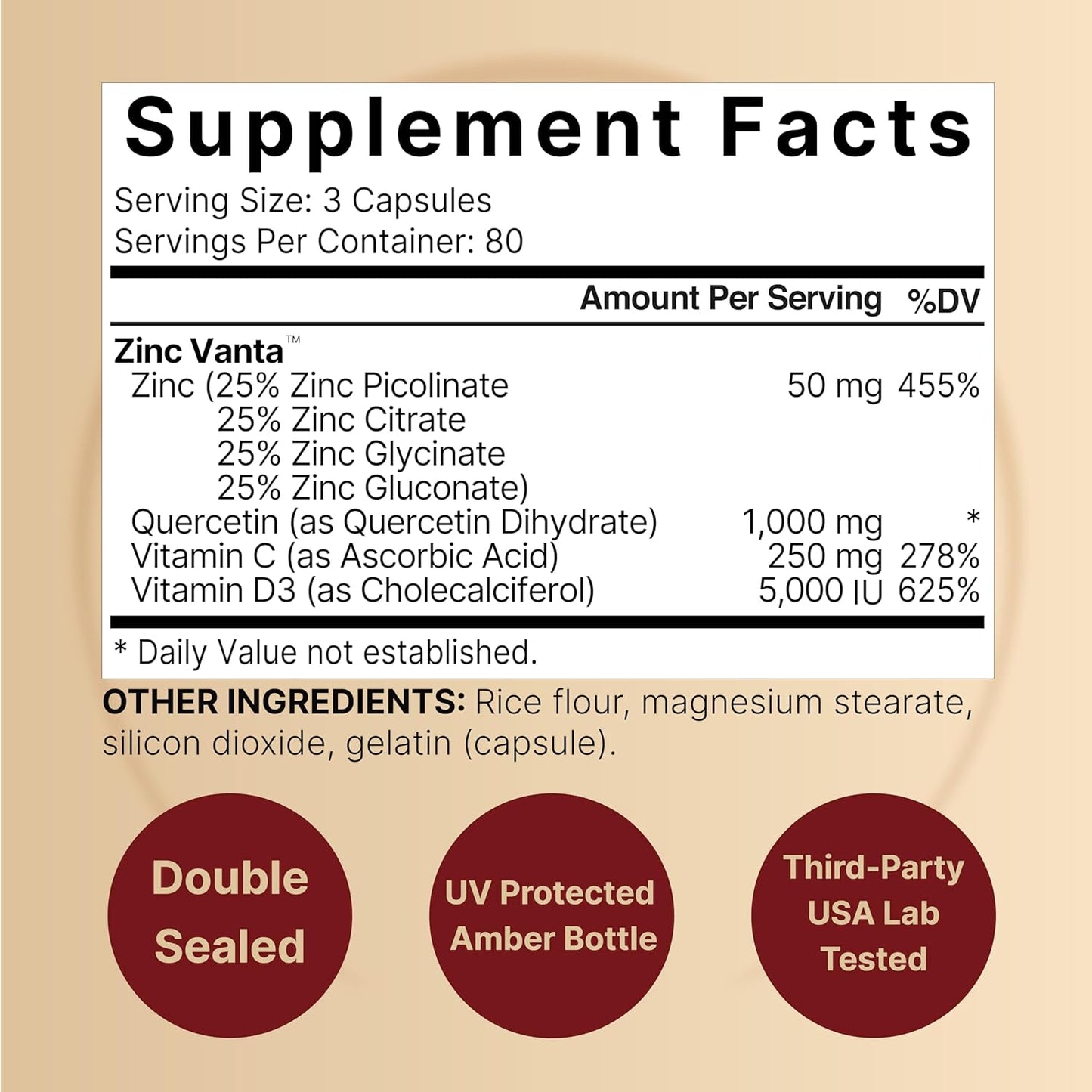 ZincVanta Immune Defense: Quercetin 1,000mg, Zinc 50mg, Vitamin C 250mg, D3 5,000 IU - 480 Capsules