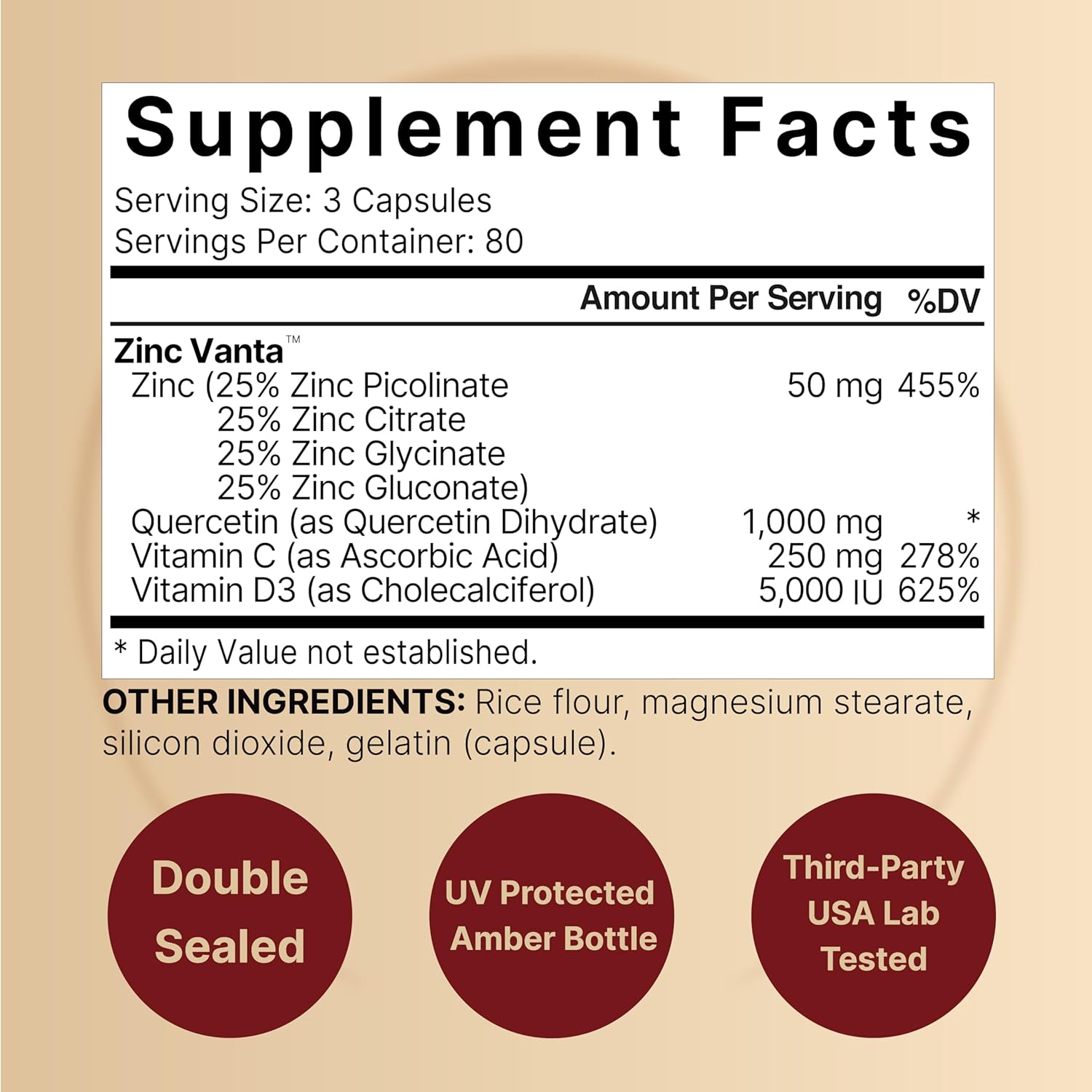 ZincVanta Immune Defense: Quercetin 1,000mg, Zinc 50mg, Vitamin C 250mg, D3 5,000 IU - 480 Capsules