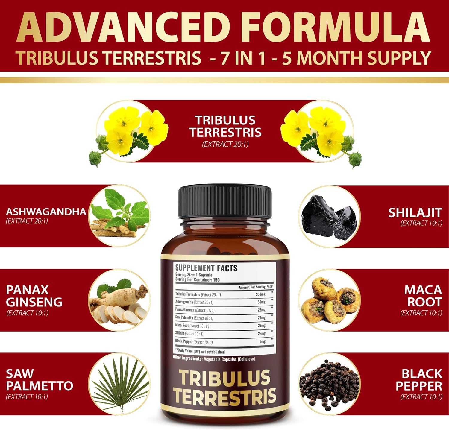 Zolotus Tribulus Terrestris Supplement with Ashwagandha & Ginseng - 5 Month Supply for Men & Women - 150 Count