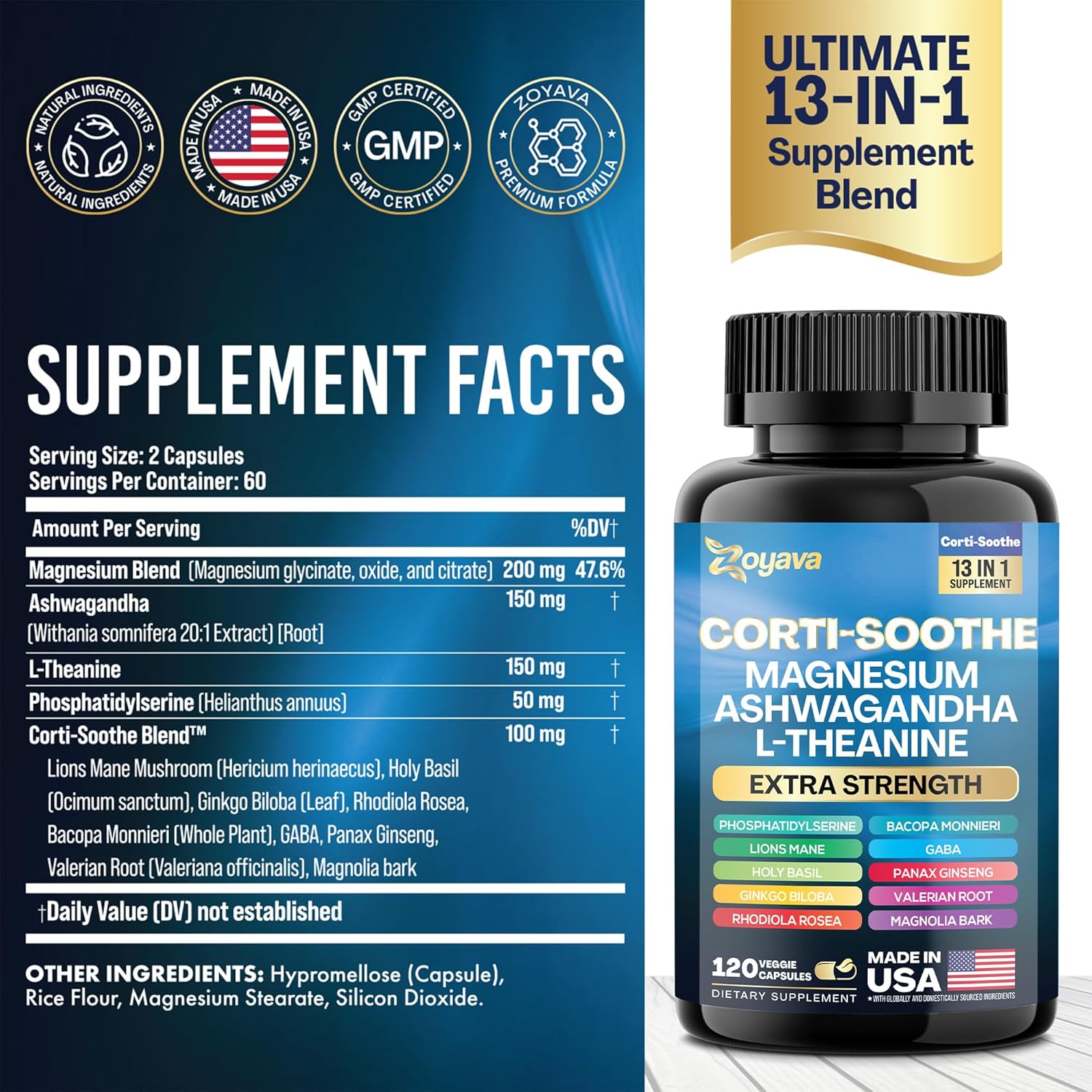 Zoyava Stress Relief Supplement with Magnesium, L-Theanine, Ashwagandha, Phosphatidylserine, Lions Mane, and more (120 Caps)