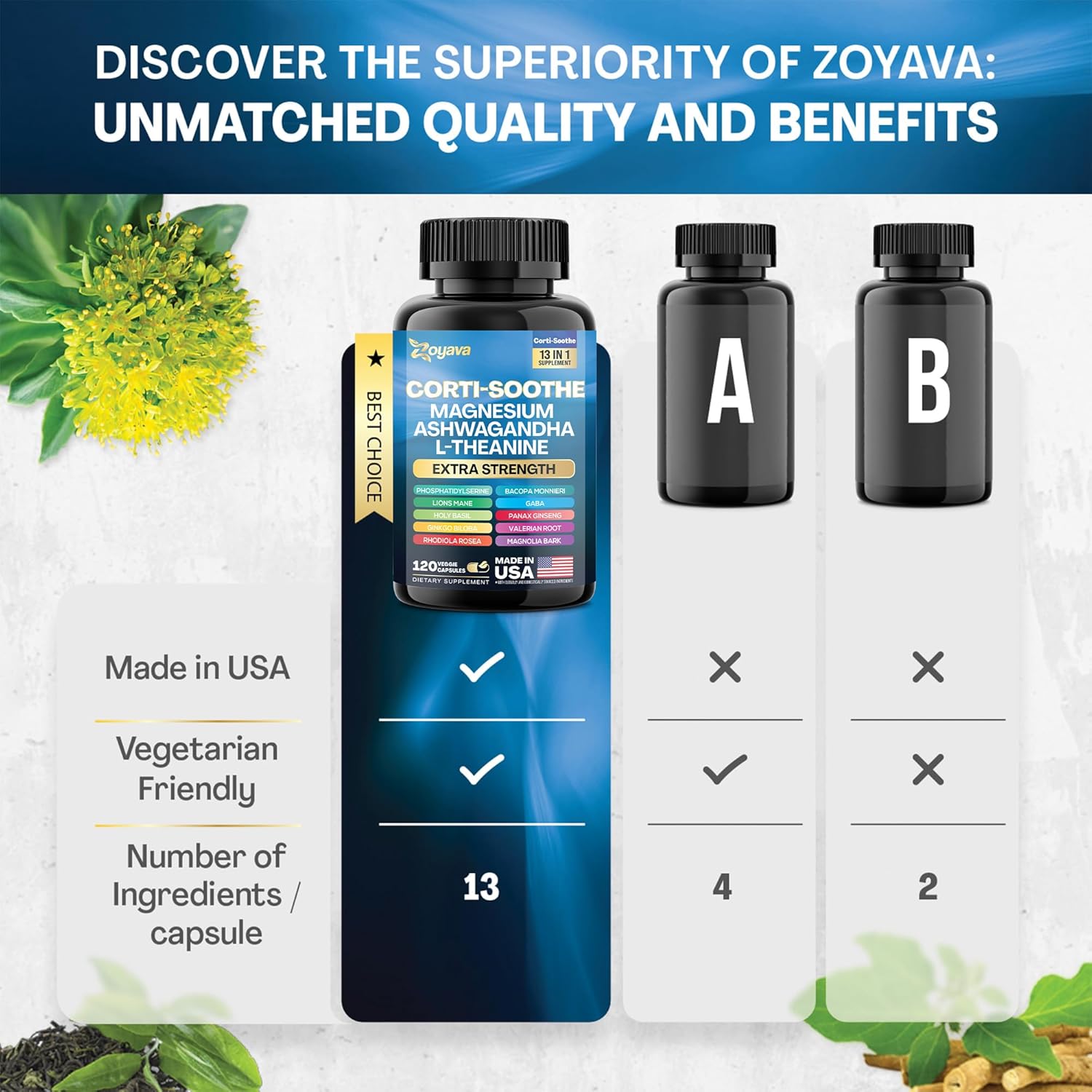 Zoyava Stress Relief Supplement with Magnesium, L-Theanine, Ashwagandha, Phosphatidylserine, Lions Mane, and more (120 Caps)