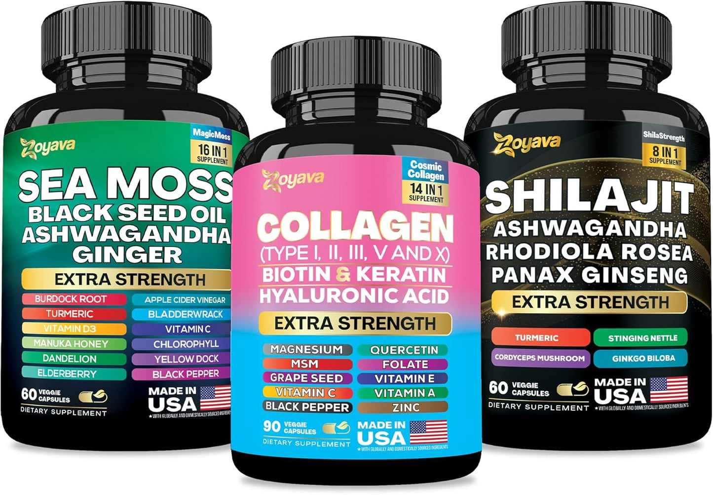 Zoyava Ultimate Wellness Bundle - Sea Moss, Black Seed Oil, Ashwagandha, Ginger, Burdock Root, Shilajit, Rhodiola Rosea, Panax Ginseng, Collagen, Biotin, Keratin, Hyaluronic Acid