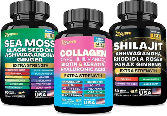 Zoyava Ultimate Wellness Bundle - Sea Moss, Black Seed Oil, Ashwagandha, Ginger, Burdock Root, Shilajit, Rhodiola Rosea, Panax Ginseng, Collagen, Biotin, Keratin, Hyaluronic Acid