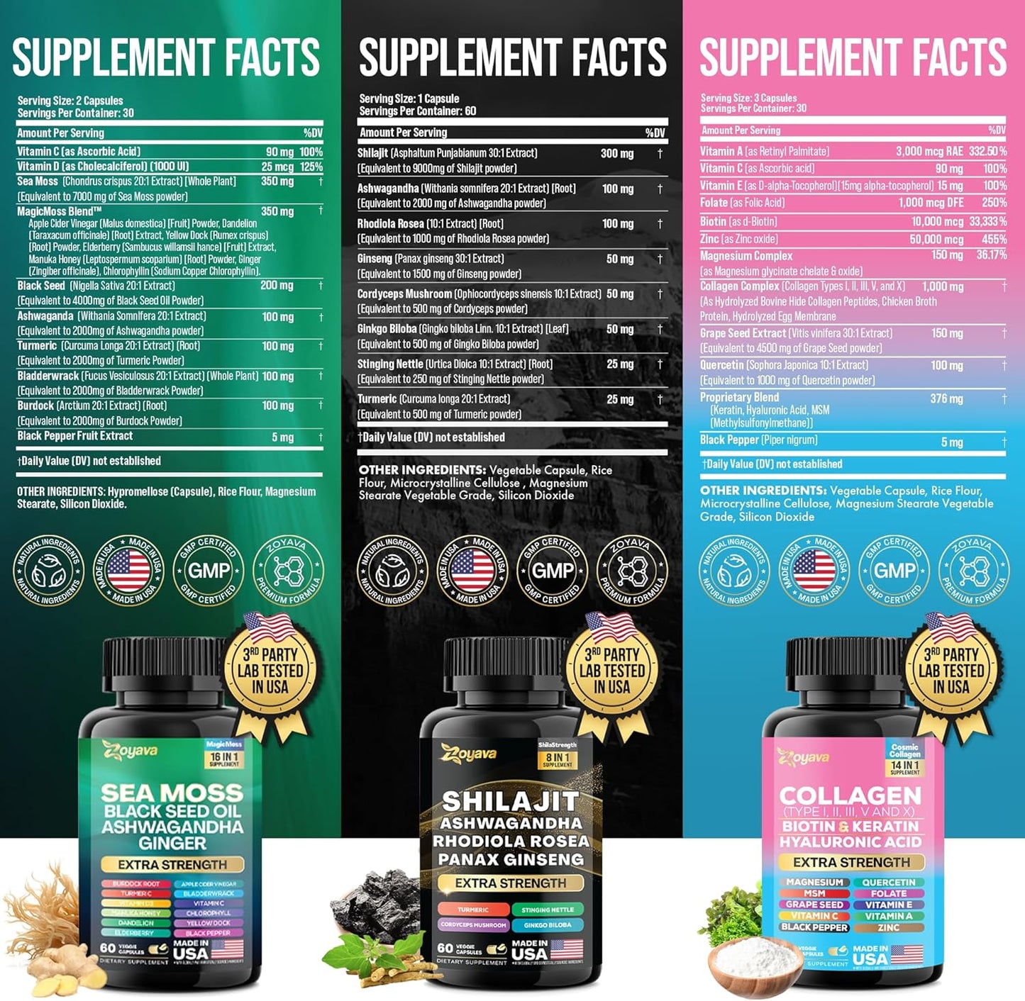 Zoyava Ultimate Wellness Bundle - Sea Moss, Black Seed Oil, Ashwagandha, Ginger, Burdock Root, Shilajit, Rhodiola Rosea, Panax Ginseng, Collagen, Biotin, Keratin, Hyaluronic Acid
