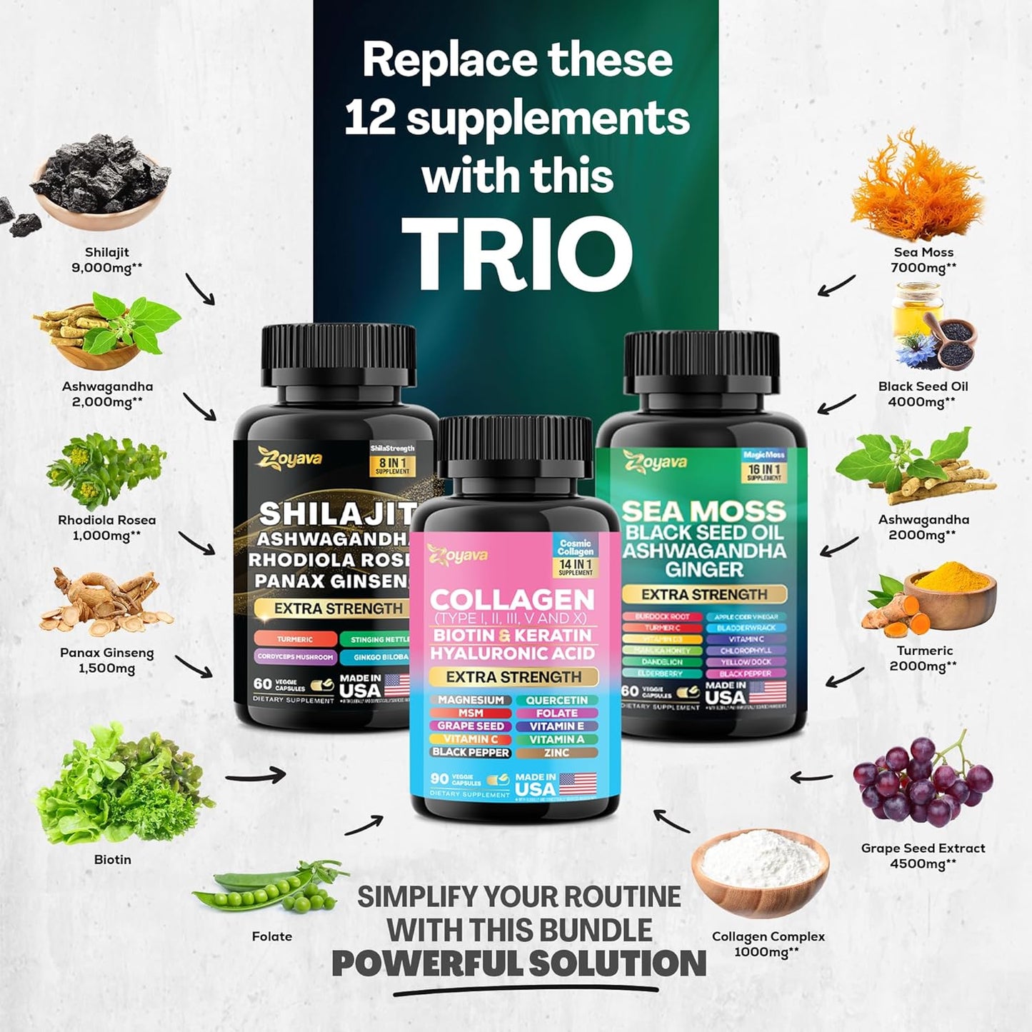 Zoyava Ultimate Wellness Bundle - Sea Moss, Black Seed Oil, Ashwagandha, Ginger, Burdock Root, Shilajit, Rhodiola Rosea, Panax Ginseng, Collagen, Biotin, Keratin, Hyaluronic Acid